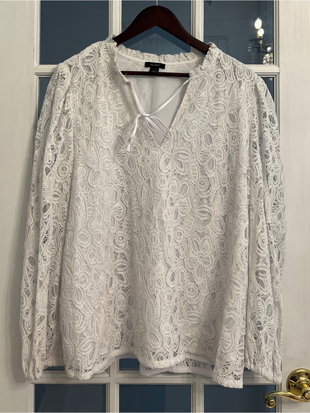 HALOGEN Women’s White Lace Long Sleeve Tie Neck Lined Blouse Plus Size 1X